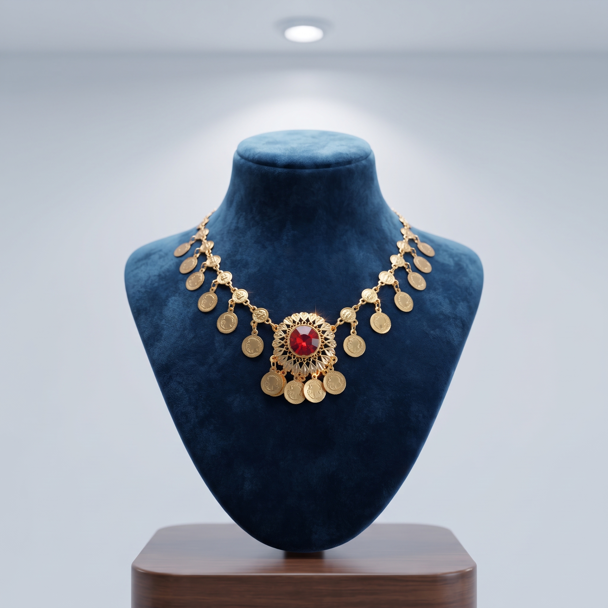 Necklace_on_blue_velvet_mannequin_202607290147 گردنبند نرگس | عروسی | تولیدی روح گندم - تصویر 1
