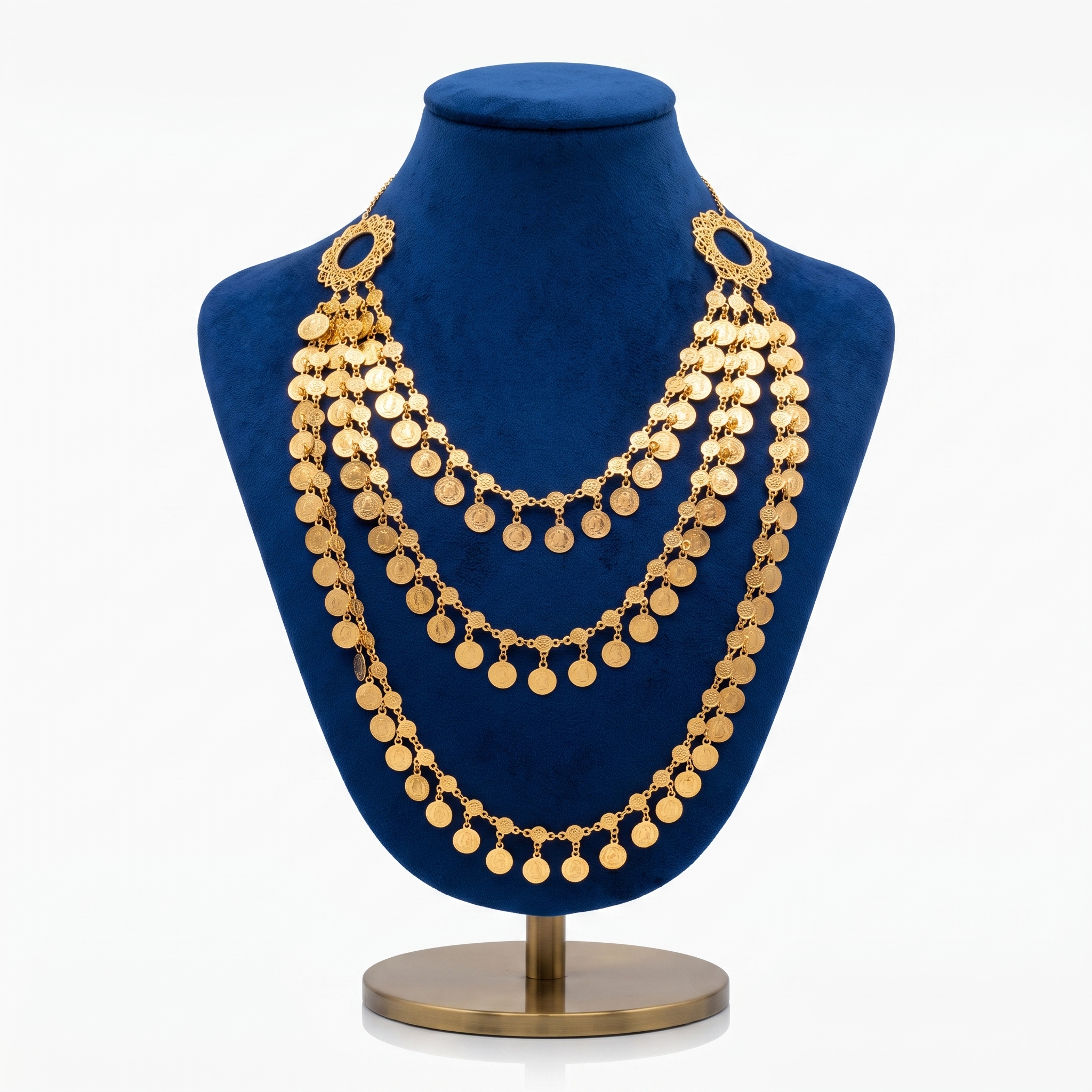 Necklace_on_blue_velvet_mannequin_202607300011 رولباسی آبشاری | عروسی | زیورآلات روح گندم - تصویر 1