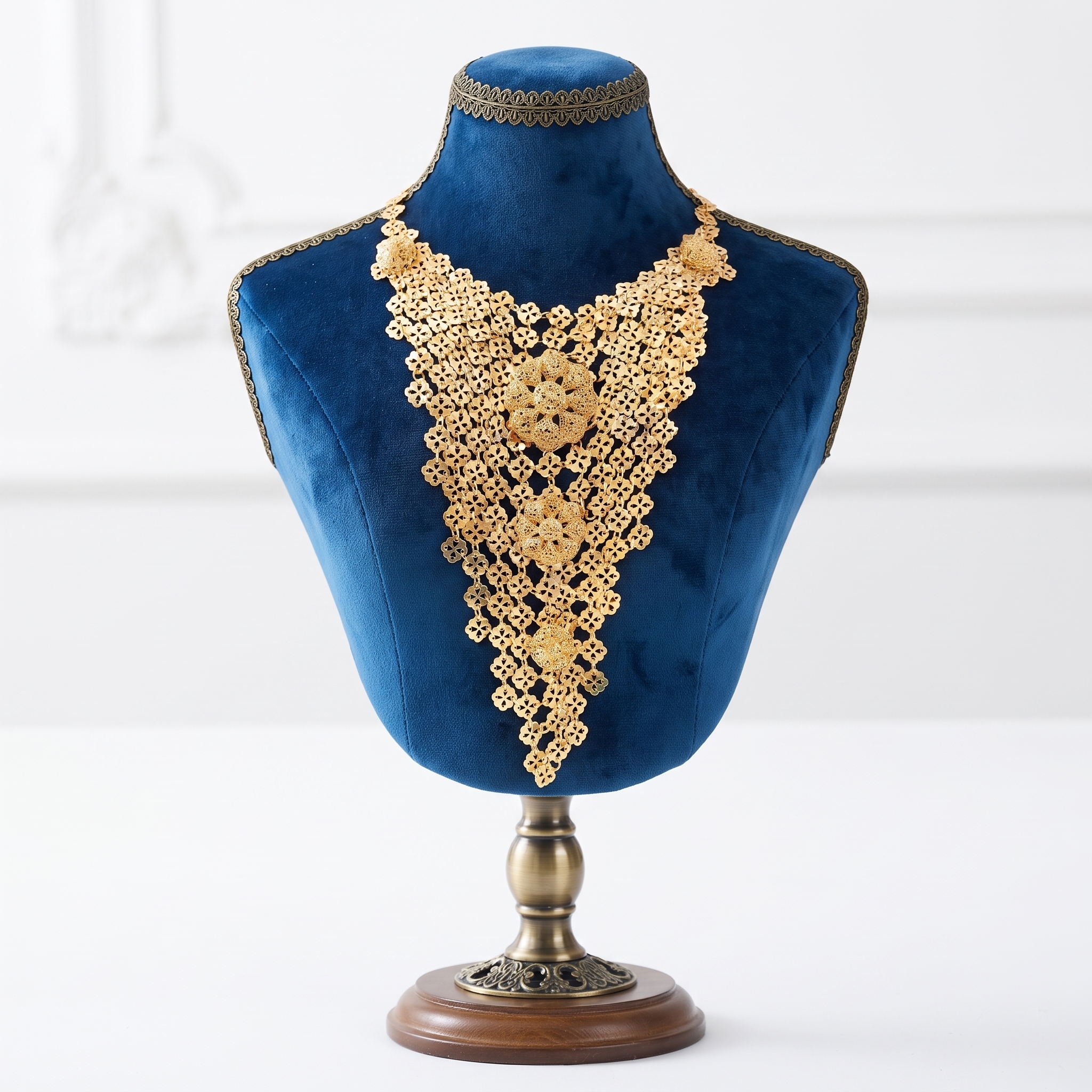 Necklace_on_blue_velvet_mannequin_202607301509 رولباسی عاشقان | عروسی | برند روح گندم - تصویر 1