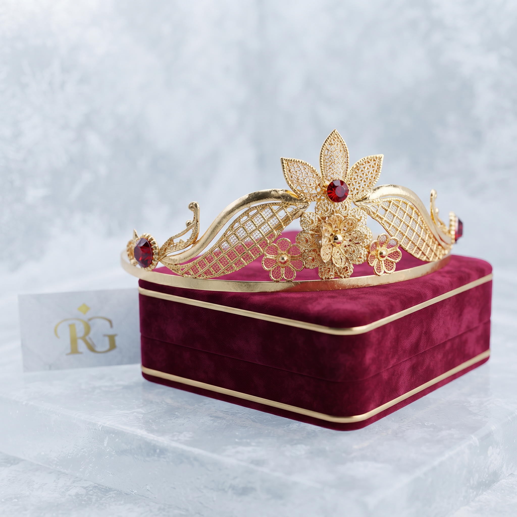 Crown_on_special_box_2K_202607281415 تاج کتایون طرح طلا دست ساز | مناسب مراسم و عروسی | روح گندم - تصویر 1